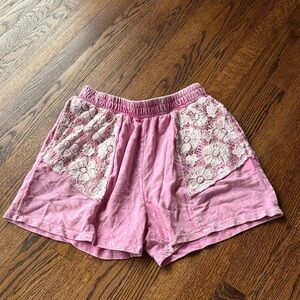 B34 J.Her Elegant Pink Women's Medium Lounge Shorts with Lace Panel Detail